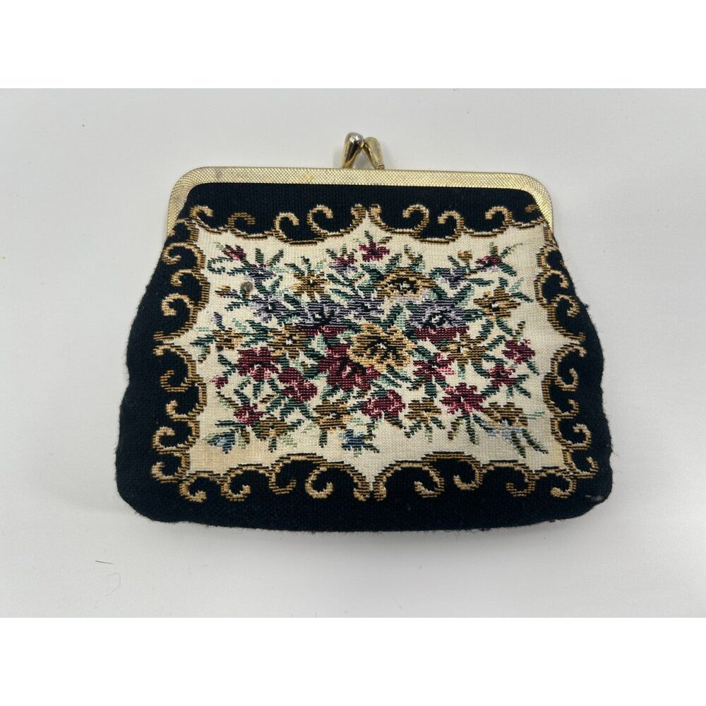VTG Floral Tapestry Coin Purse Metal Kiss Lock Frame Petit Point Black Floral - Picture 4 of 4